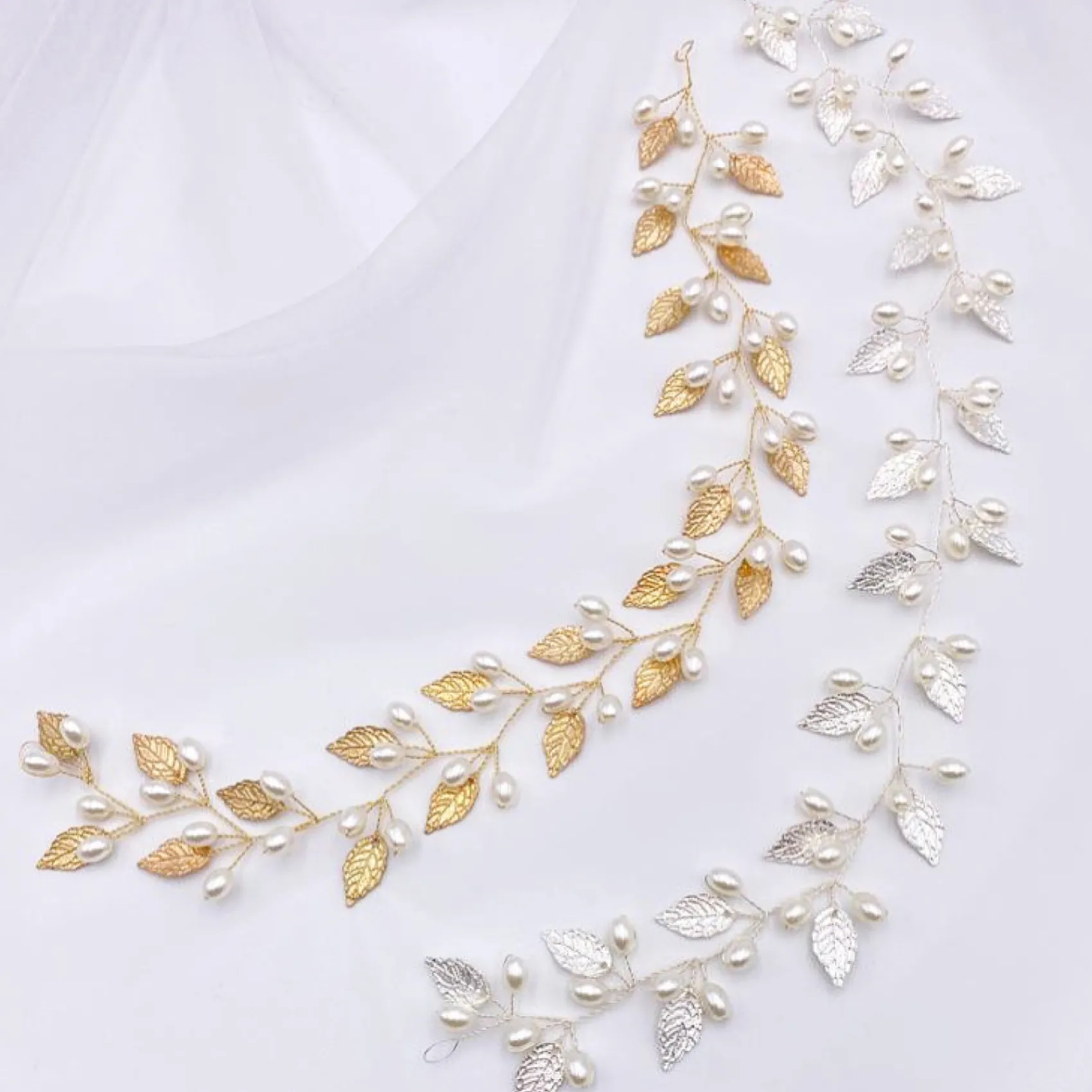 Lace & Favour Pearl Hair Accessories | Gold Hair Accessories*October Gold Leaves and Pearls Long Wedding Hair Vine Ivory/ Gold