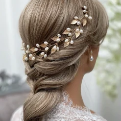 Lace & Favour Pearl Hair Accessories | Gold Hair Accessories*October Gold Leaves and Pearls Long Wedding Hair Vine Ivory/ Gold