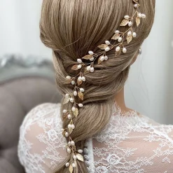 Lace & Favour Pearl Hair Accessories | Gold Hair Accessories*October Gold Leaves and Pearls Long Wedding Hair Vine Ivory/ Gold