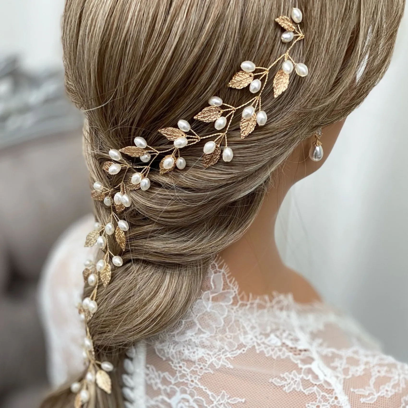 Lace & Favour Pearl Hair Accessories | Gold Hair Accessories*October Gold Leaves and Pearls Long Wedding Hair Vine Ivory/ Gold