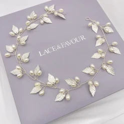 Lace & Favour Pearl Hair Accessories | Silver Hair Accessories*October Silver Leaves and Pearls Long Wedding Hair Vine Ivory/ Silver
