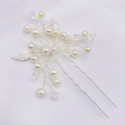 Lace & Favour Bridesmaid Gifts | Bride Gifts*October Silver Leaves and Pearl Wedding Hair Pin Ivory/ Silver