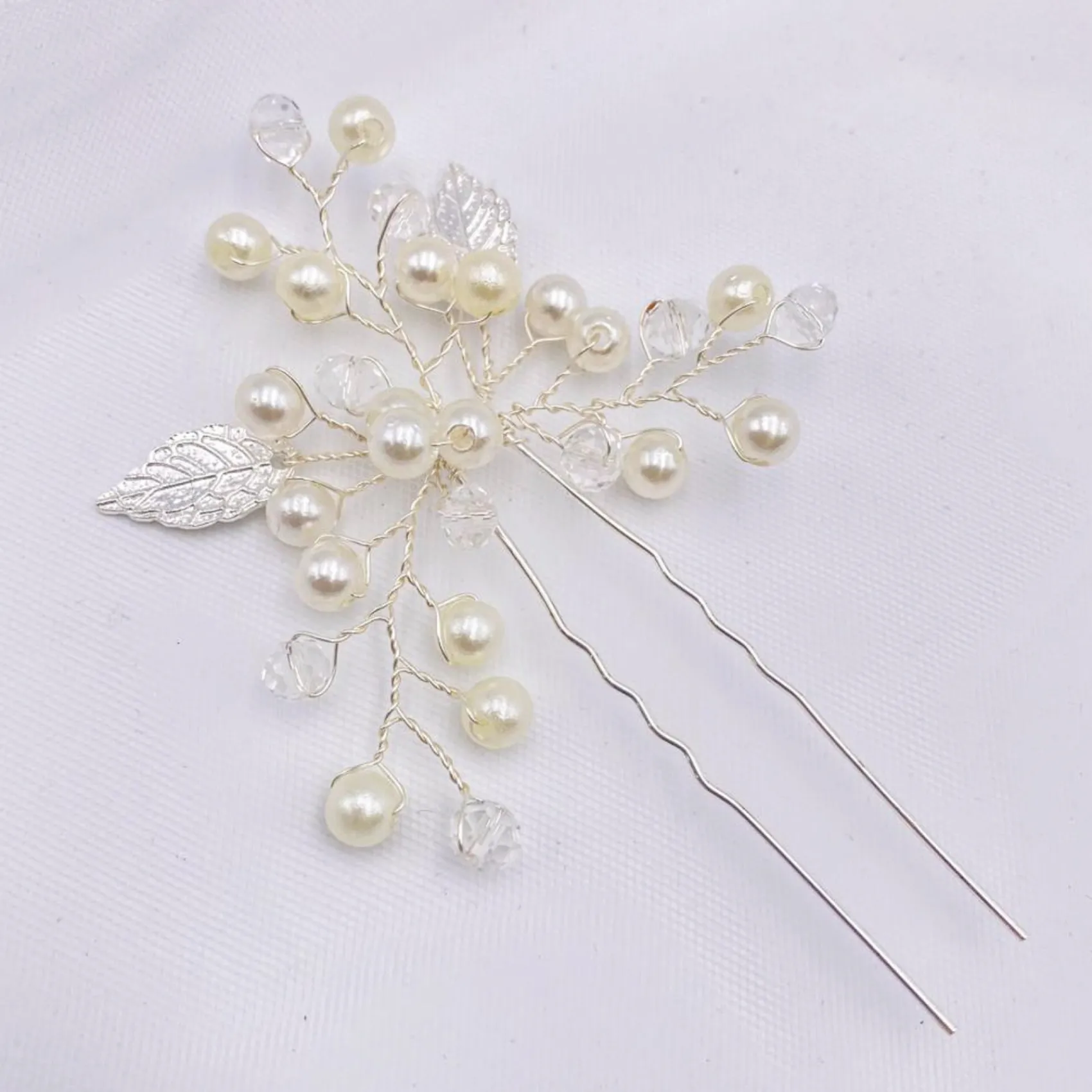 Lace & Favour Bridesmaid Gifts | Bride Gifts*October Silver Leaves and Pearl Wedding Hair Pin Ivory/ Silver