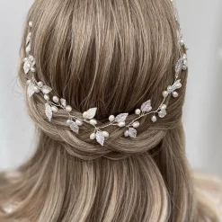 Lace & Favour Pearl Hair Accessories | Silver Hair Accessories*October Silver Leaves and Pearls Long Wedding Hair Vine Ivory/ Silver