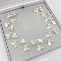 Lace & Favour Pearl Hair Accessories | Silver Hair Accessories*October Silver Leaves and Pearls Long Wedding Hair Vine Ivory/ Silver