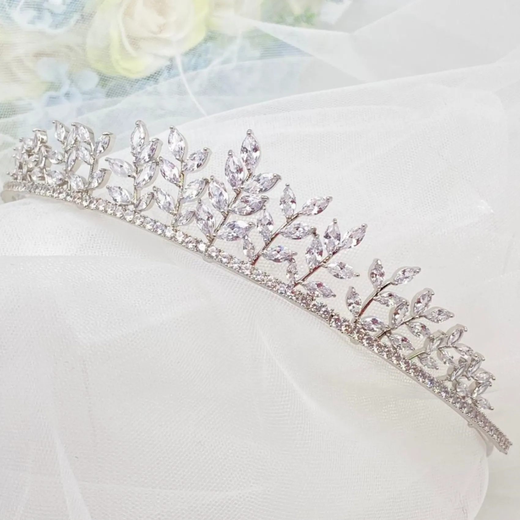 Lace & Favour Prom Headbands & Tiaras | Crystal Hair Accessories*Odessa Dainty Cubic Zirconia Leaves Wedding Tiara Silver