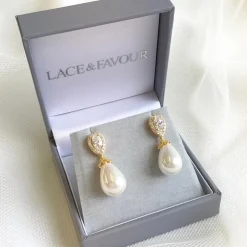 Lace & Favour Bridesmaid Gifts | Bride Gifts*Paloma Teardrop Pearl Wedding Earrings (Gold) Ivory/ Gold