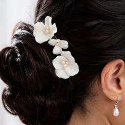 Lace & Favour Pearl Hair Accessories | Silver Hair Accessories*Paradise Ivory Ceramic Flower Hair Pins Ivory/ Silver