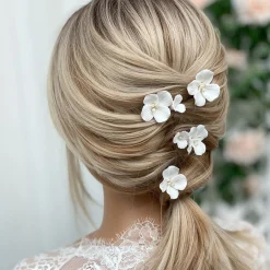Lace & Favour Pearl Hair Accessories | Silver Hair Accessories*Paradise Ivory Ceramic Flower Hair Pins Ivory/ Silver