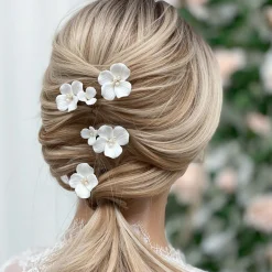 Lace & Favour Pearl Hair Accessories | Silver Hair Accessories*Paradise Ivory Ceramic Flower Hair Pins Ivory/ Silver