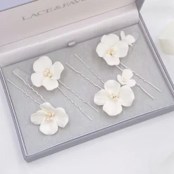 Lace & Favour Pearl Hair Accessories | Silver Hair Accessories*Paradise Ivory Ceramic Flower Hair Pins Ivory/ Silver