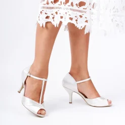 Paradox London Wedding Shoes | Mid Heel*Belvoir Satin T-Bar Peep Toe Shoes Ivory