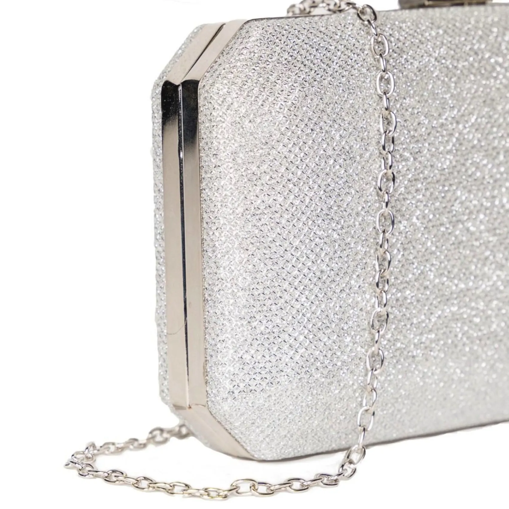 Paradox London Prom Bags | Occasion Handbags*Dulcie Glitter Box Clutch Bag Silver