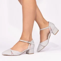 Paradox London Sparkly Prom Shoes | Silver Prom Shoes*Frankie Glitter Wide Fit Low Block Court Shoes Silver