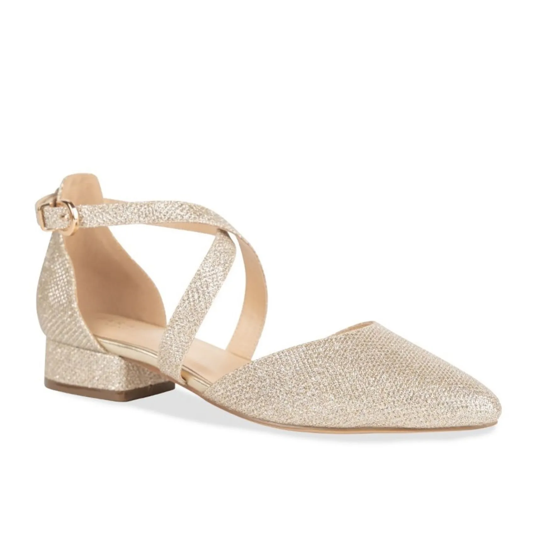 Paradox London Sparkly Prom Shoes | Gold Prom Shoes*Inaya Shimmer Cross Strap Low Block Heels Champagne