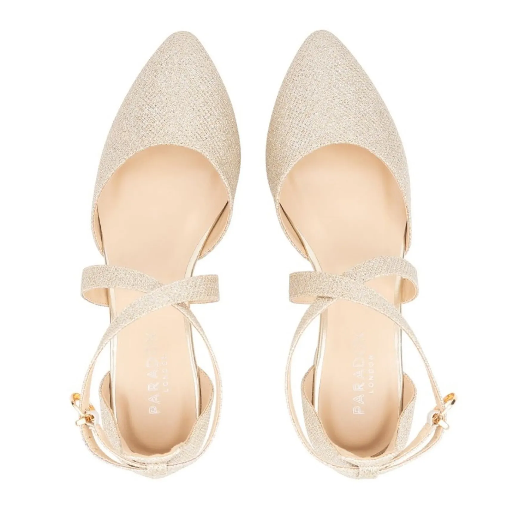 Paradox London Sparkly Prom Shoes | Gold Prom Shoes*Inaya Shimmer Cross Strap Low Block Heels Champagne