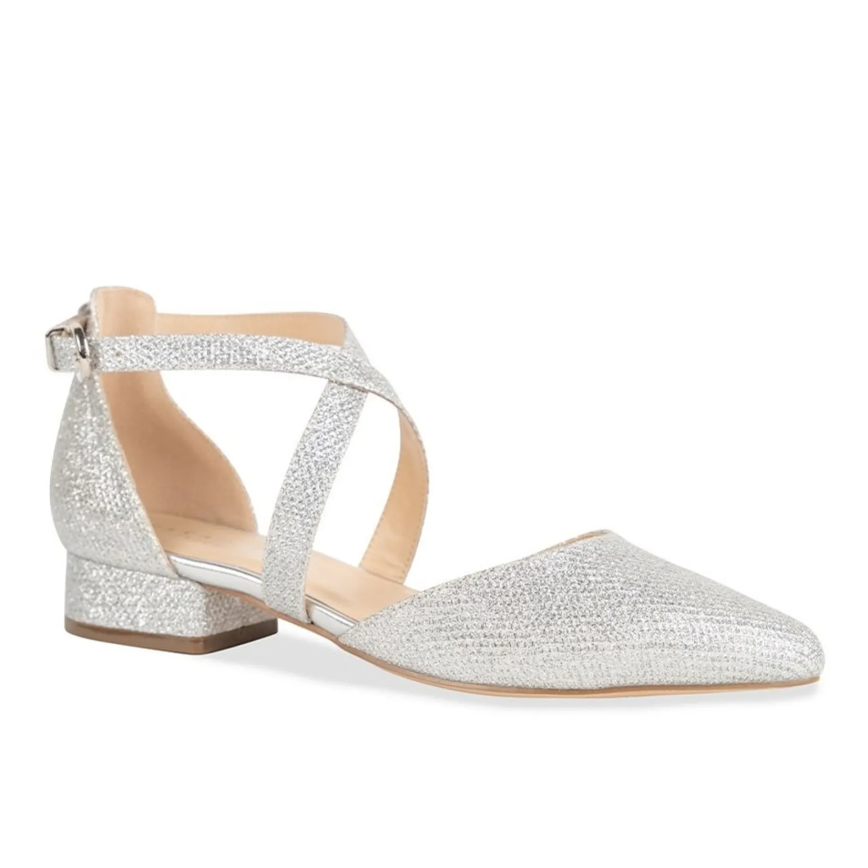 Paradox London Sparkly Prom Shoes | Silver Prom Shoes*Inaya Shimmer Cross Strap Low Block Heels Silver