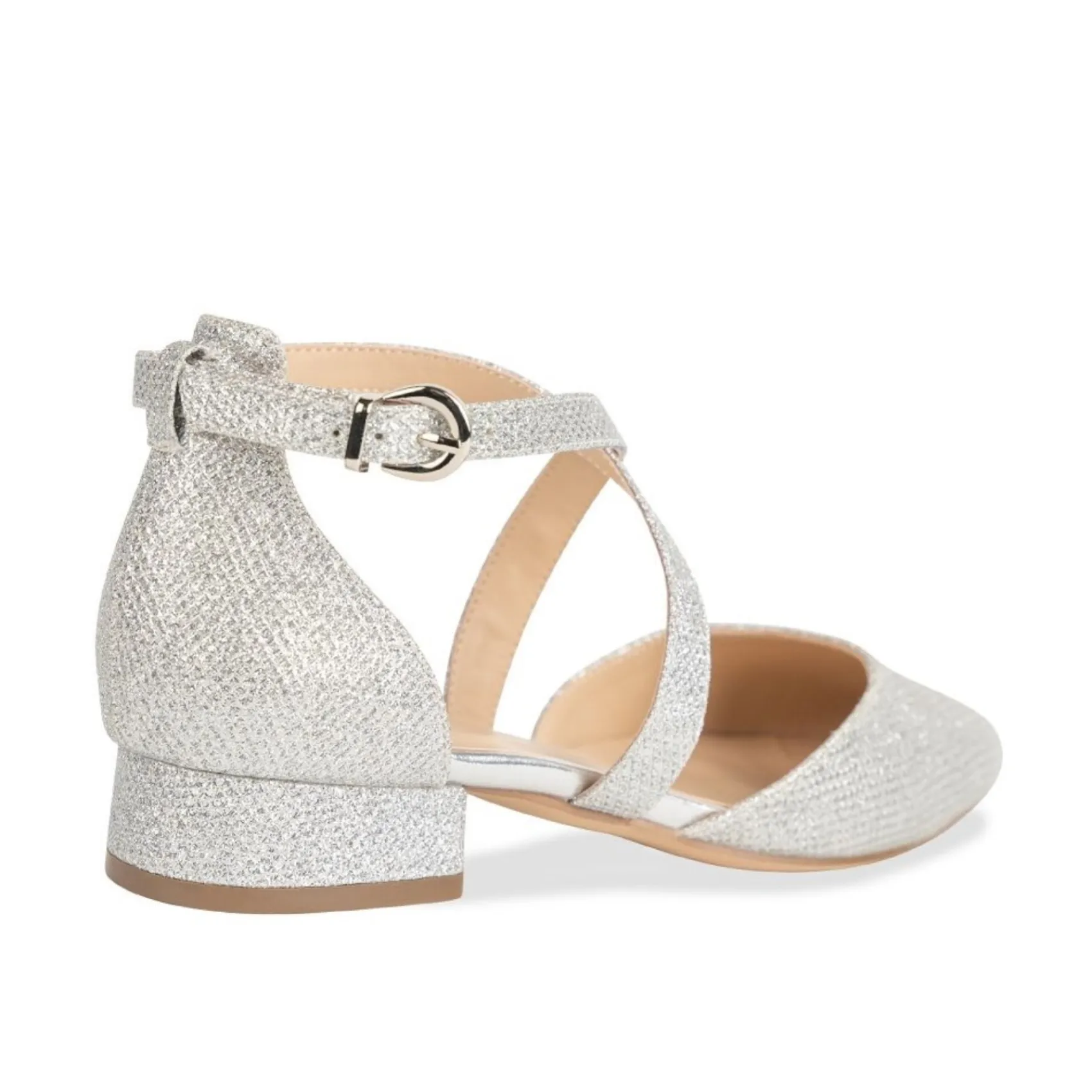 Paradox London Sparkly Prom Shoes | Silver Prom Shoes*Inaya Shimmer Cross Strap Low Block Heels Silver