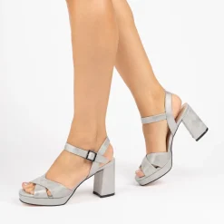 Paradox London Sparkly Prom Shoes | Silver Prom Shoes*Landon Shimmer Block Heel Platform Sandals Silver