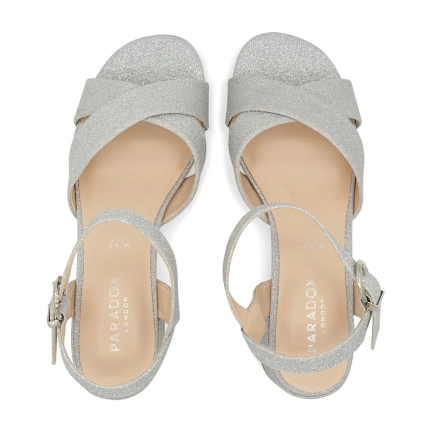 Paradox London Sparkly Prom Shoes | Silver Prom Shoes*Neala Glitter Wide Fit Low Block Heel Sandals Silver