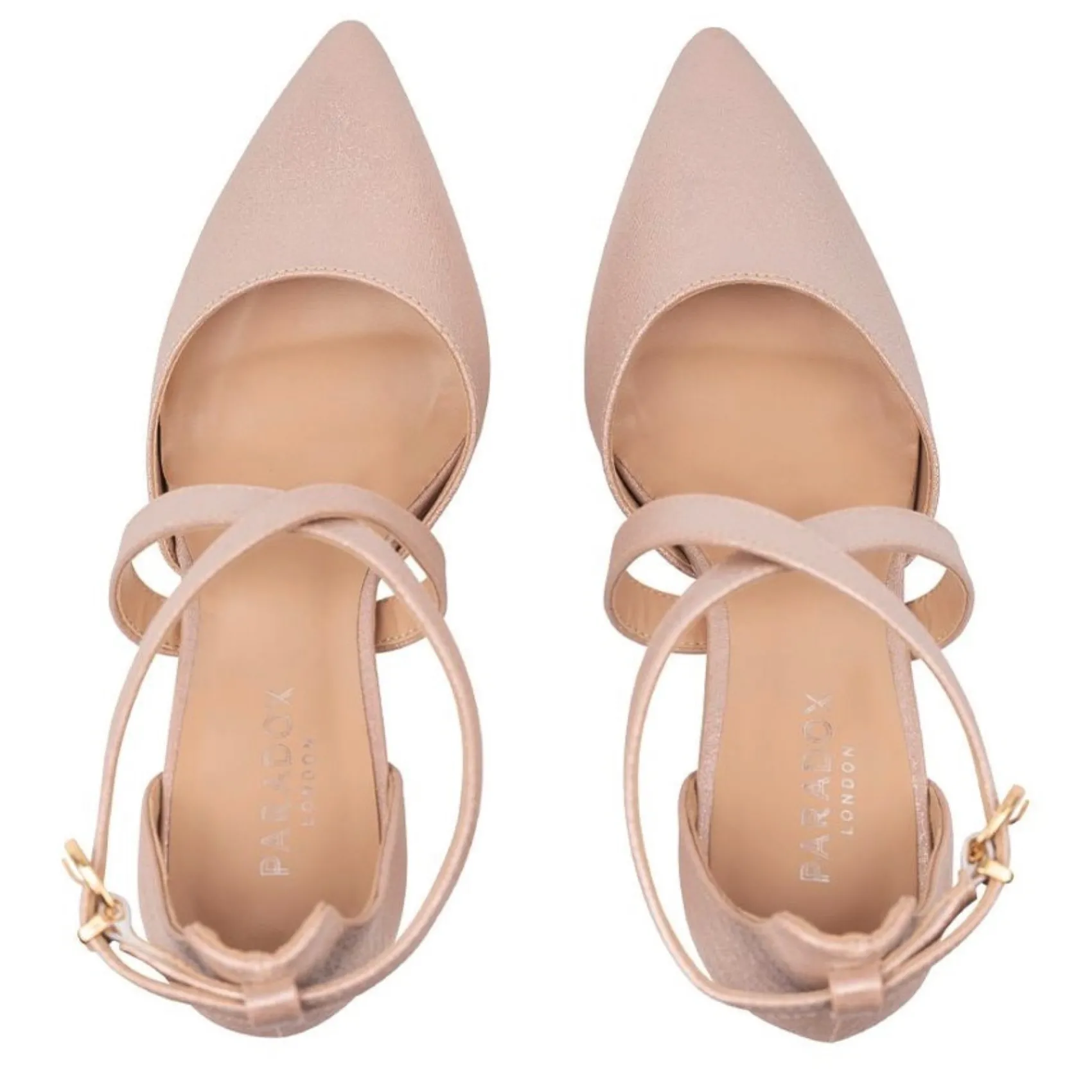 Paradox London Sparkly Prom Shoes | Pink Prom Shoes*Rylee Shimmer Cross Strap Block Heel Court Shoe Nude