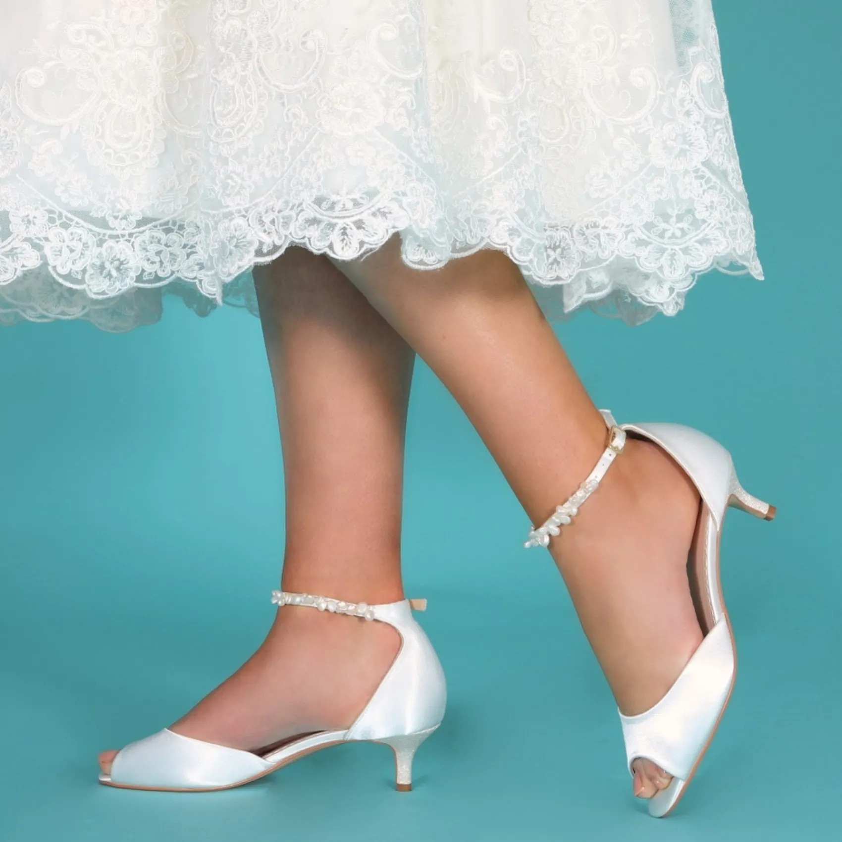 Perfect Bridal Low Heel | Shoes For Dyeing*Amber Satin Kitten Heel Pearl Ankle Strap Sandals Ivory