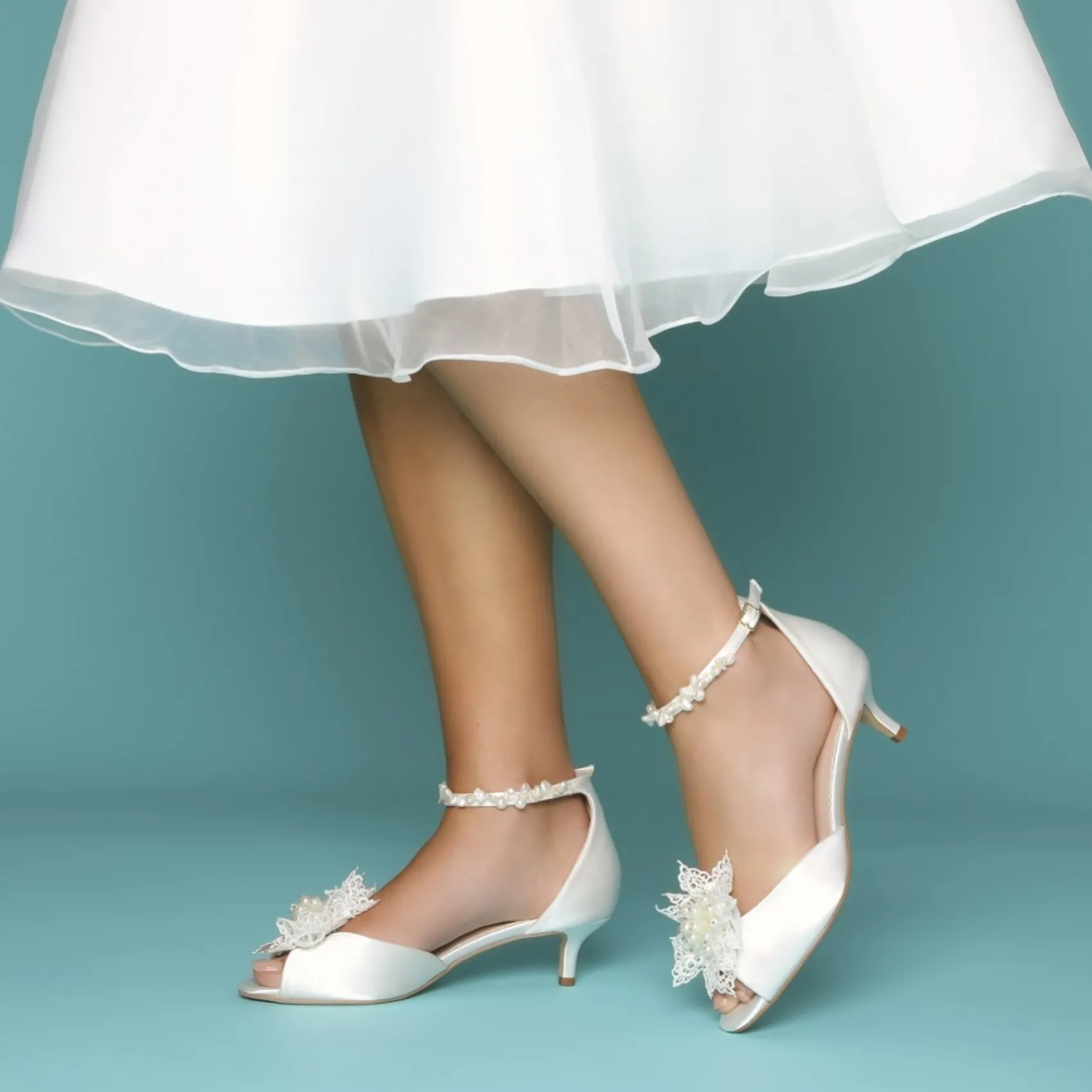 Perfect Bridal Low Heel | Shoes For Dyeing*Amber Satin Kitten Heel Pearl Ankle Strap Sandals Ivory