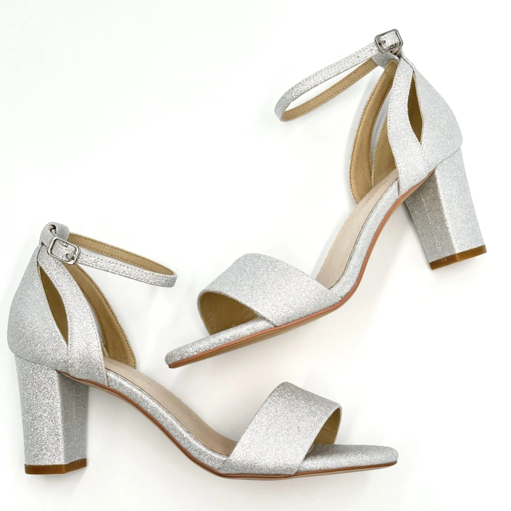 Perfect Bridal Sparkly Prom Shoes | Silver Prom Shoes*Andrea Glitter Block Heel Ankle Strap Sandals Silver