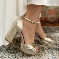 Perfect Bridal Gold Prom Shoes | Prom Sandals*Birdie Leather Knotted Block Heel Platform Sandals Gold