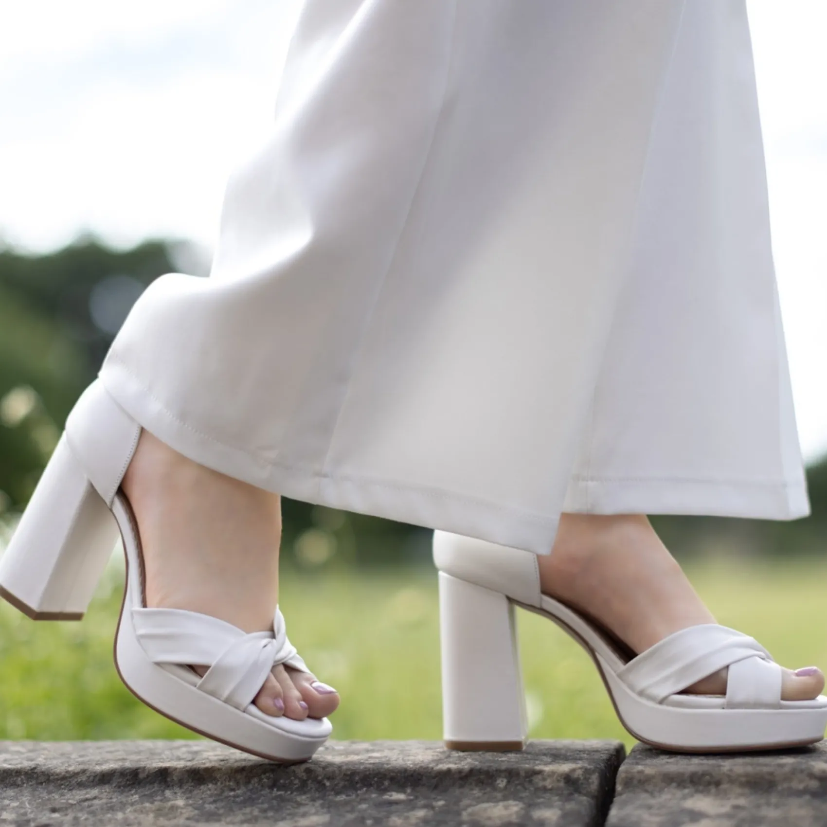 Perfect Bridal White Prom Shoes | Prom Sandals*Birdie Leather Block Heel Platform Sandals Ivory