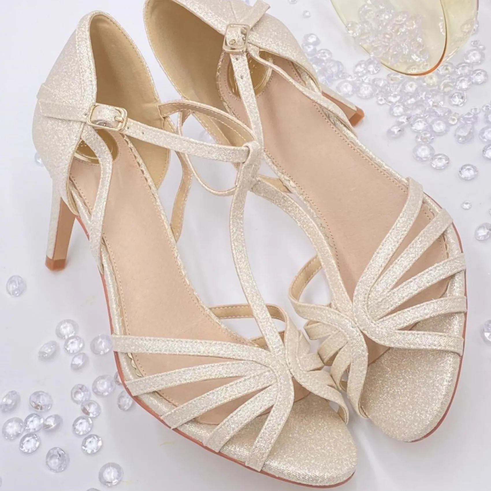 Perfect Bridal Party Shoes | Wedding Guest Shoes*Bryony Glitter Strappy T-Bar Sandals Gold
