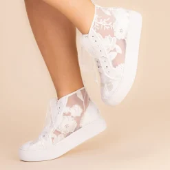 Perfect Bridal Wedding Shoes | Lace Wedding Shoes*Cameron Floral Lace High Top Platform Trainers Ivory