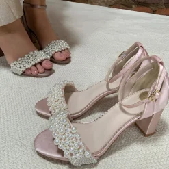 Perfect Bridal Prom Sandals | Pink Prom Shoes*Carrie Blush Satin Pearl Block Heel Sandals Blush Pink