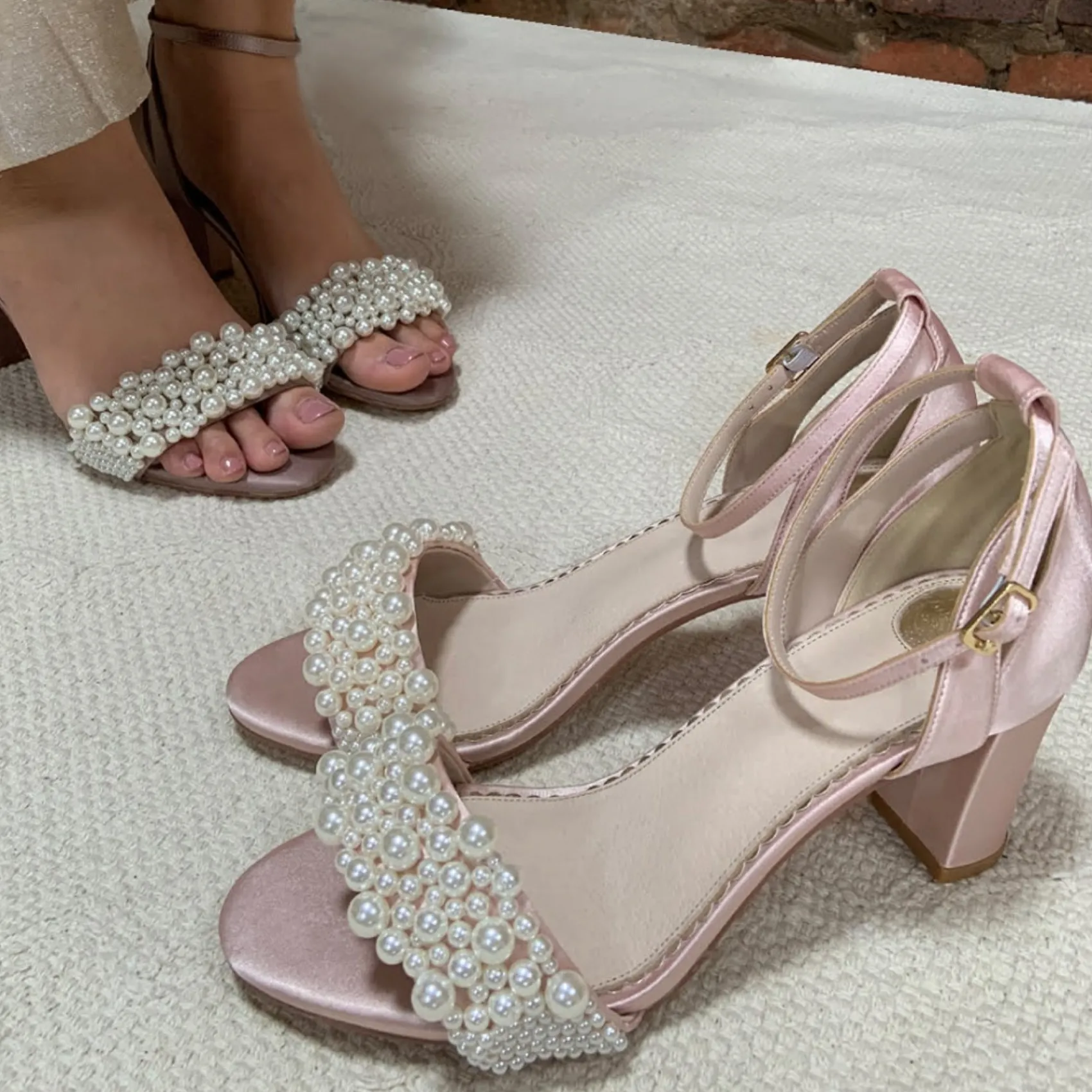 Perfect Bridal Prom Sandals | Pink Prom Shoes*Carrie Blush Satin Pearl Block Heel Sandals Blush Pink
