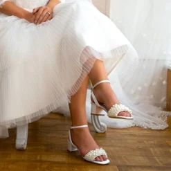 Perfect Bridal Bridesmaid Shoes | Wedding Shoes*Claire Satin Pearl Low Block Heel Sandals Ivory