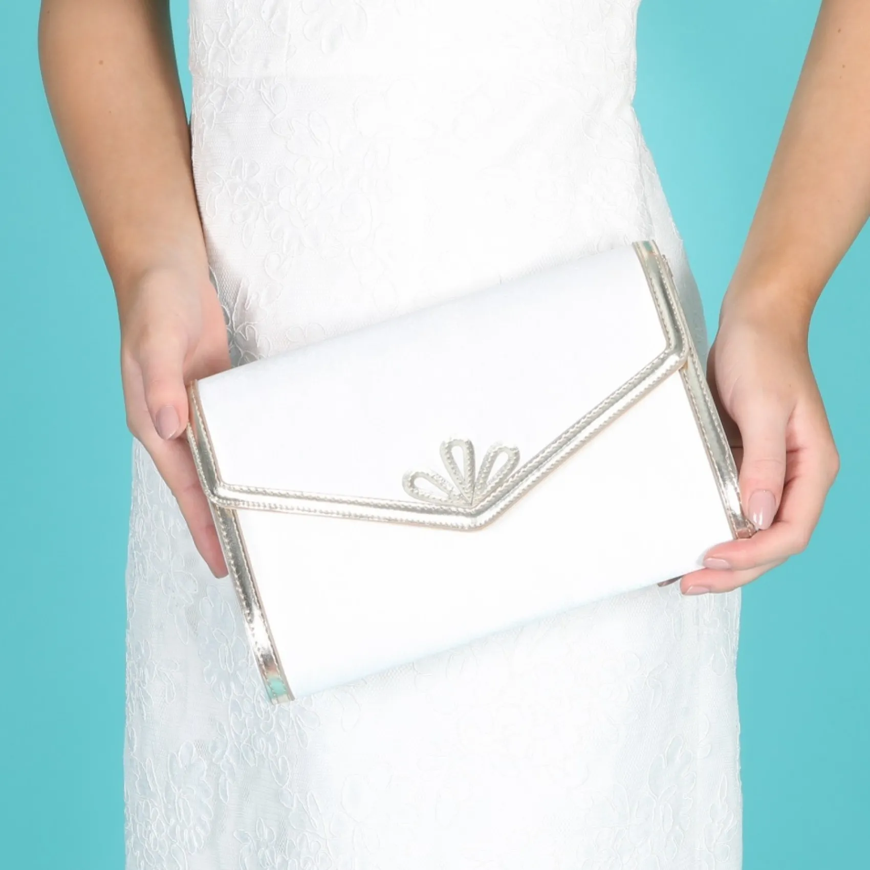 Perfect Bridal Wedding Handbags*Clover Dyeable Ivory Satin and Gold Clutch Bag Ivory/ Gold