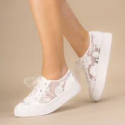 Perfect Bridal Wedding Shoes | Lace Wedding Shoes*Codie Floral Lace Platform Trainers Ivory