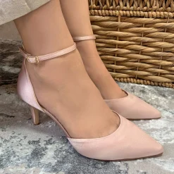 Perfect Bridal Pink Prom Shoes | Prom Shoes*Daniella Blush Satin Mid Heel Ankle Strap Court Shoes Blush Pink