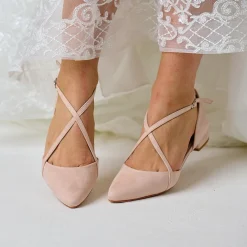 Perfect Bridal Mother Of The Bride Shoes | Bridesmaid Shoes*Davina Suede Cross Strap Pointed Ballet Flats Blush