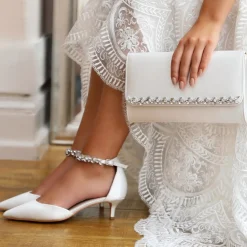 Perfect Bridal Wedding Shoes | Low Heel*Eliza Satin Embellished Ankle Strap Kitten Heels Ivory