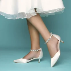 Perfect Bridal Wedding Shoes | Low Heel*Eliza Satin Embellished Ankle Strap Kitten Heels Ivory