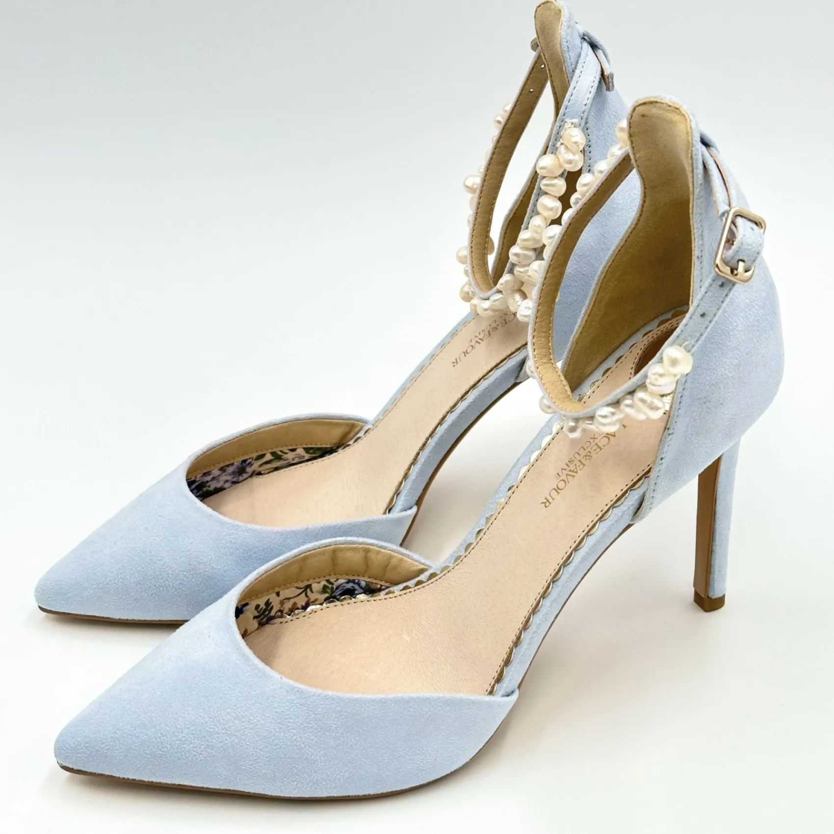 Perfect Bridal Wedding Guest Shoes | Wedding Shoes*Ella Suede Keshi Pearl Ankle Strap Court Shoes Blue