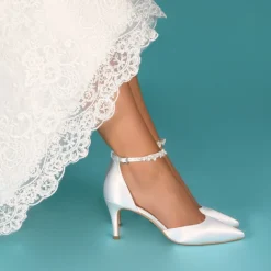 Perfect Bridal Wedding Shoes | Mid Heel*Ella Mid Satin Pearl Ankle Strap Shoes (Wide Fit) Ivory