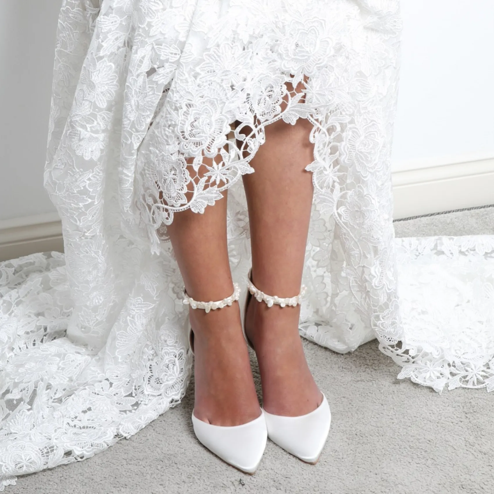 Perfect Bridal Wedding Shoes | Mid Heel*Ella Mid Satin Pearl Ankle Strap Shoes (Wide Fit) Ivory