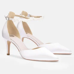 Perfect Bridal Wedding Shoes | Mid Heel*Ella Mid Satin Pearl Ankle Strap Shoes (Wide Fit) Ivory