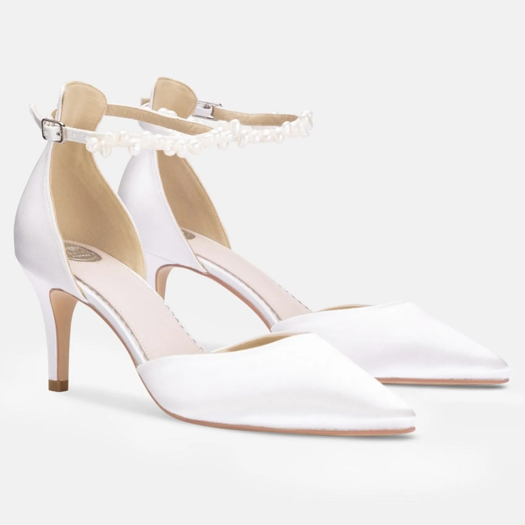 Perfect Bridal Wedding Shoes | Mid Heel*Ella Mid Satin Pearl Ankle Strap Shoes (Wide Fit) Ivory