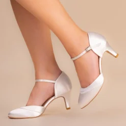 Perfect Bridal Wedding Shoes | Mid Heel*Elsa Dyeable Satin Ankle Strap Wedding Shoes Ivory
