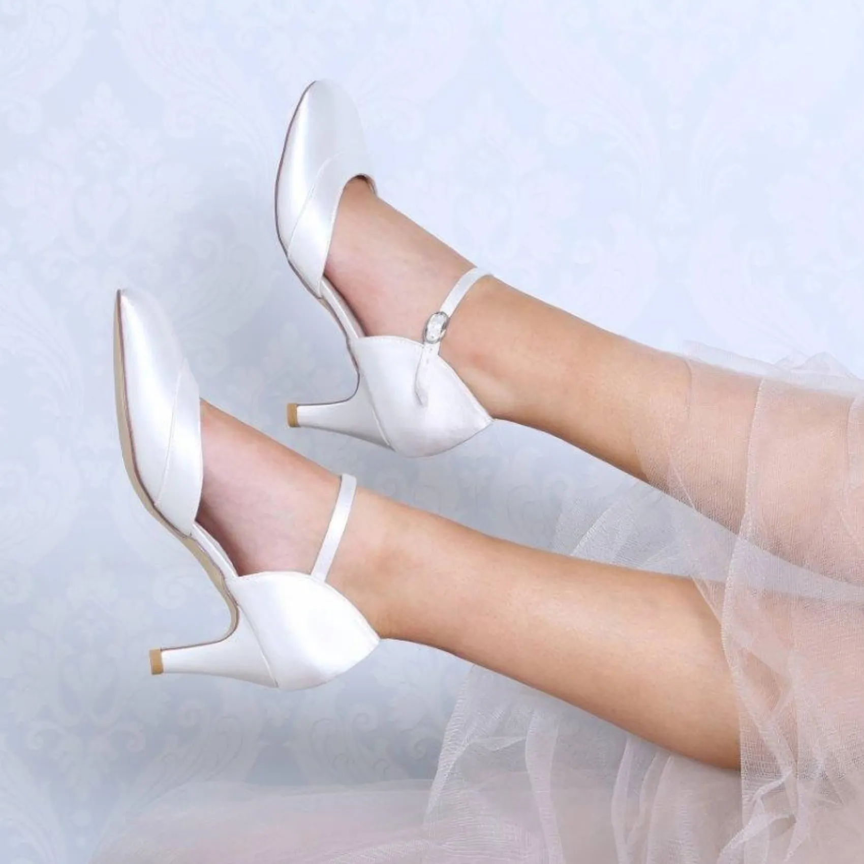 Perfect Bridal Wedding Shoes | Mid Heel*Elsa Satin Ankle Strap Wedding Shoes (Wide Fit) Ivory