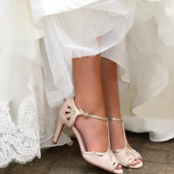 Perfect Bridal Prom Sandals | Pink Prom Shoes*Esme Suede and Gold Shimmer T-Bar Shoes Blush