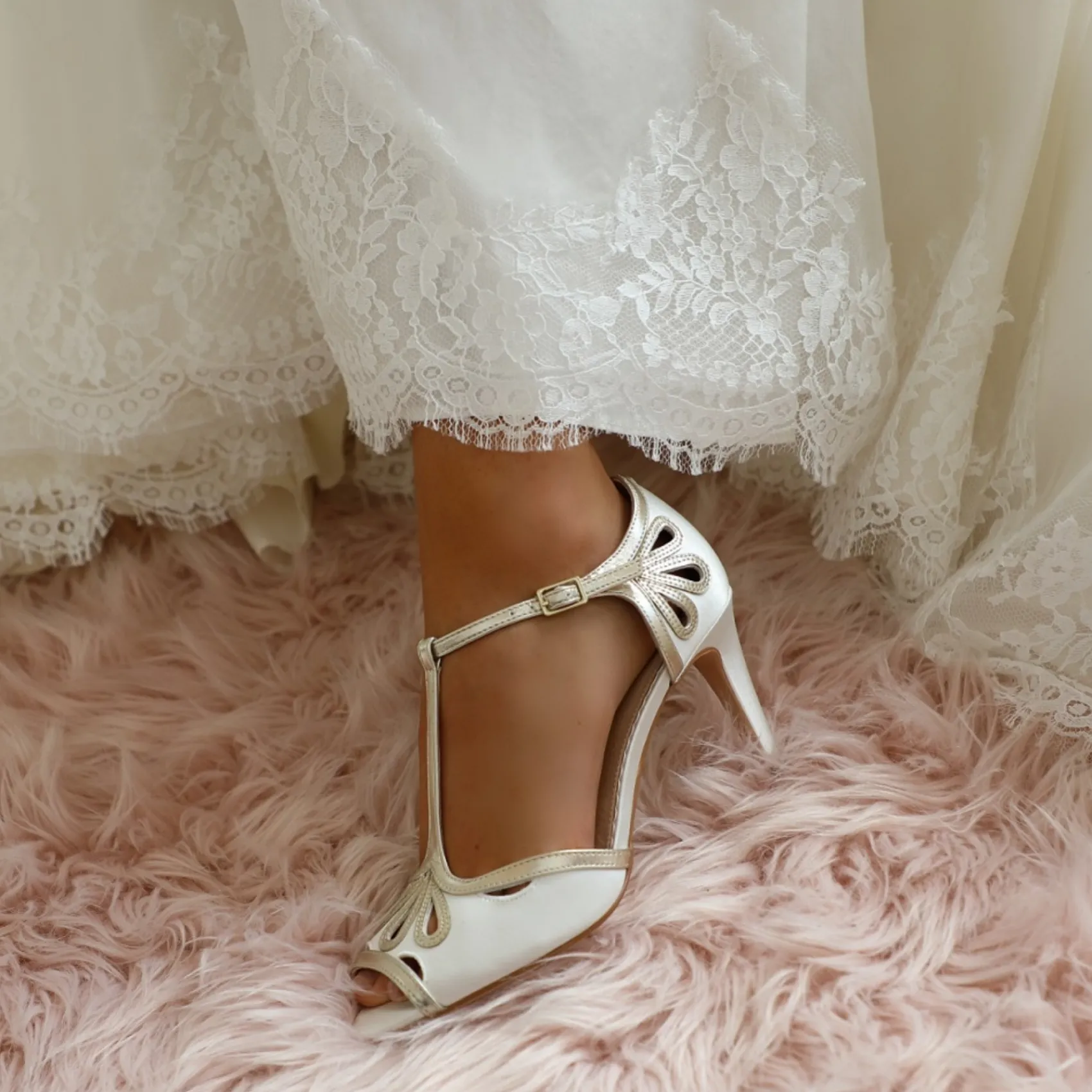 Perfect Bridal Wedding Guest Shoes | Wedding Shoes*Esme Dyeable Ivory Satin and Gold Shimmer T-Bar Shoes (Wide Fit) Ivory/ Gold